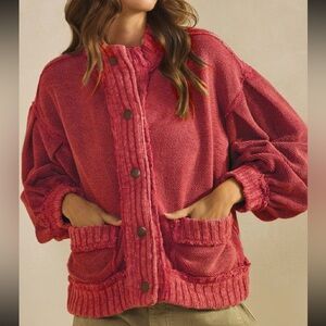 NWT Lov Lov Washed Terry Knit Button Up Cardigan Jacket Shacket Burgundy Red